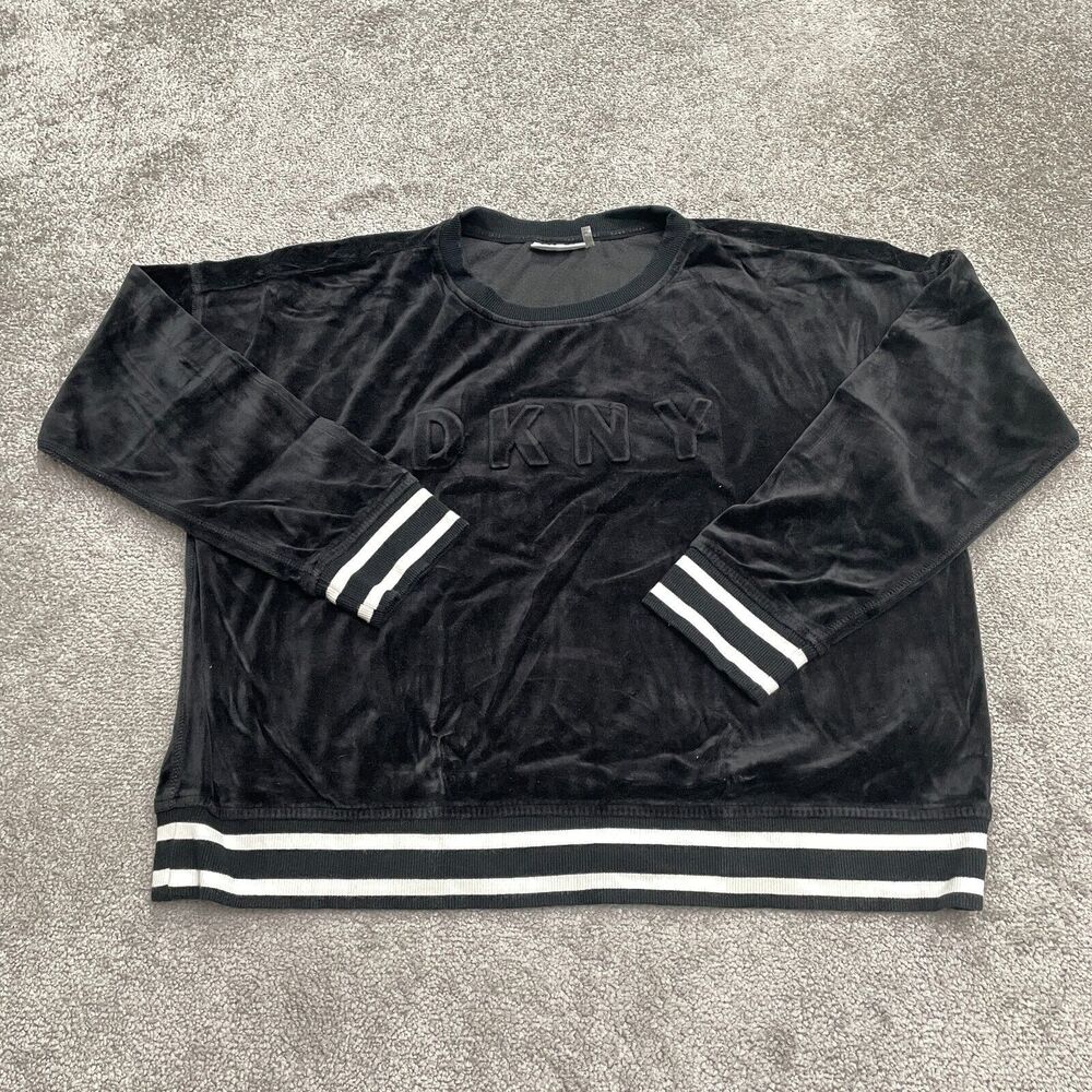 DKNY Velour velvet Sweatshirt Womens XL Black Embossed Crew Neck Striped Casual